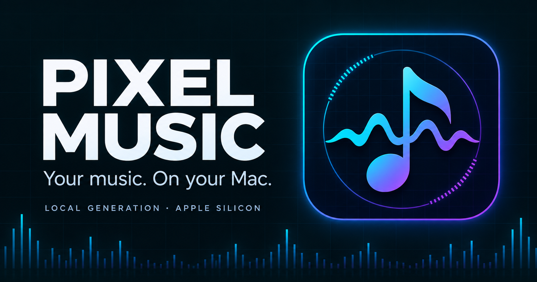 Pixel Music product card with a neon music-note icon and the message Your music. On your Mac.