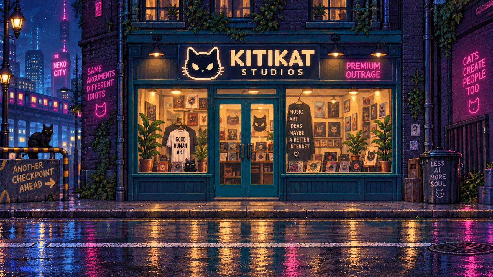Side-view KitiKat Studios storefront on a neon-lit Neko City street