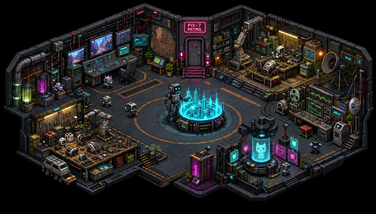 Isometric PIX-7 patrol room filled with robots, cybernetic instruments, signal monitors and a holographic model of Neko City